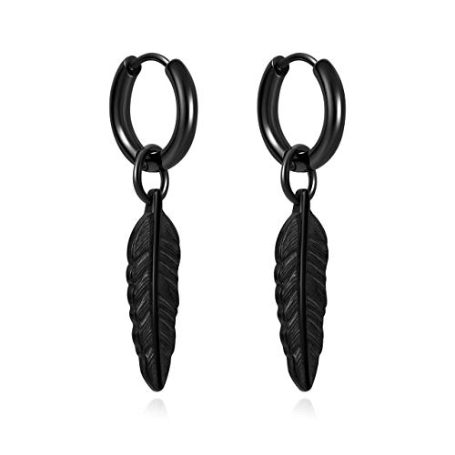 Zysta Creolen Ohrringe Hängend mit Feder Ohrhänger Edelstahl 18ga Ohrstecker Silber Schwarz Ohrschmuck Ohrpiercing für Damen Mädchen (Schwarz) von Zysta