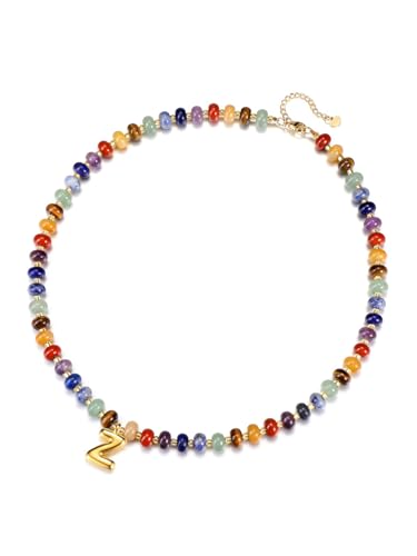 Zysta Damen Kette mit Buchstaben A-Z Chakra/Tigerauge Halskette Echte Steine Perlenkette Personalisierte Geschenke für Frauen Mädchen (Chakra) von Zysta