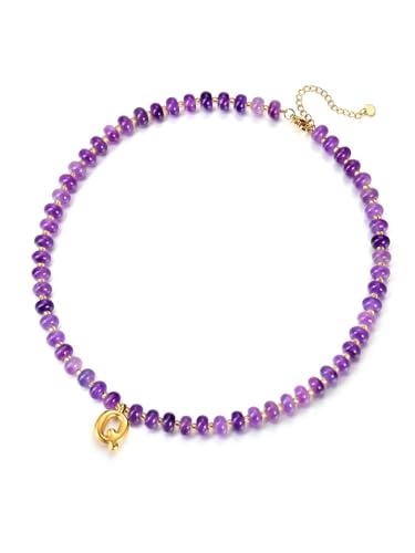 Zysta Damen Kette mit Buchstaben A-Z Chakra/Tigerauge Halskette Echte Steine Perlenkette Personalisierte Geschenke für Frauen Mädchen (Lila Jade) von Zysta