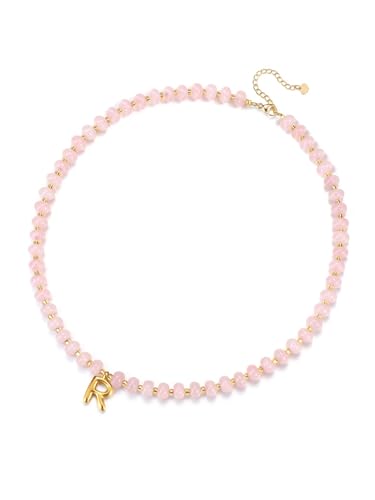 Zysta Damen Kette mit Buchstaben A-Z Chakra/Tigerauge Halskette Echte Steine Perlenkette Personalisierte Geschenke für Frauen Mädchen (Rosequarz) von Zysta
