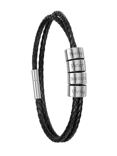 Zysta Damen Lederarmband Personalisiert Armband mit Namen Echtleder Armband Wickelarmband für Frauen Mutter Tochter Geschenk (4 silber perlen) von Zysta