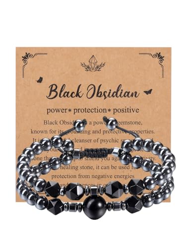 Zysta Hämatit Armband Doppelt Echte Steine Tigerauge/Obsidian Perlenarmband Verstellbar Healing Reiki Energietherapie Glückbringen für Damen Herren (Obsidian) von Zysta