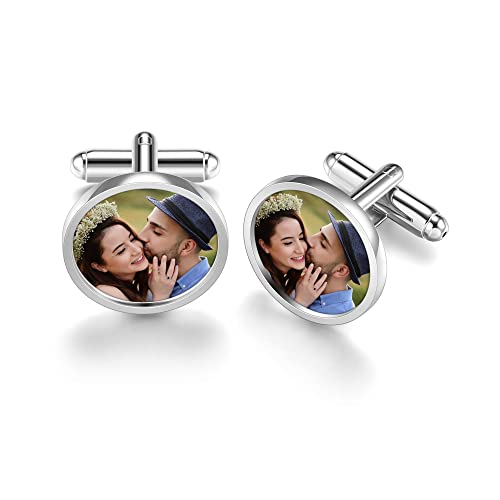 Zysta Manschettenknöpfe Personalisiert Manschettenknöpfe Herren Mit Foto Gravur Silber Cufflinks für Männer Hochzeit Bräutigam Trauzeugen Jubiläum (Rund) von Zysta