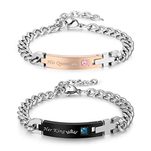 Zysta "Her King und His Queen Schrift Curb Kette Armband mit Gravur EIN Paar partnerarmband aus Edelstahl Pärchen Armreifen für verliebte Herren Damen Geschenkset von Zysta