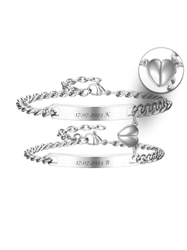 Zysta Pärchen Armband mit Gravur Partnerarmbänder Magnet Herz Anhänger Verstellbar Namen Armband Personalisierte BFF Partner PaarGeschenk (Silber) von Zysta