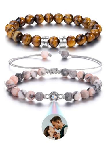 Zysta Partnerarmbänder Personalisierte Perlenarmband Projektion Armband Echte Steine Paar Armbänder Geschenk für Damen Herren Pärchen (Tigerauge & Rosa Zebra Jaspis) von Zysta