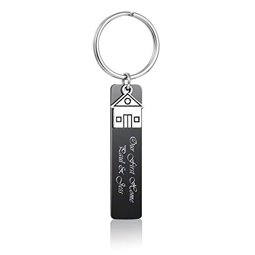 Zysta Personalisiert Gravur- Edelstahl Schlüsselanhänger mit Gravur Memorial Glatt Rechteckig Haus Anhänger Familie Schlüsselbund Keychain Schlüsselring für Geschenk Souvenir (Schwarz- Mit gravur) von Zysta