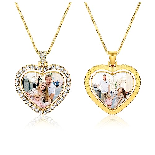 Zysta Personalisierte Damen Halskette mit Beidseitig Foto Gravur 360 Grad Drehbar Herz Anhänger mit Strass Charms Kette für Damen Mädchen Geschenk von Zysta