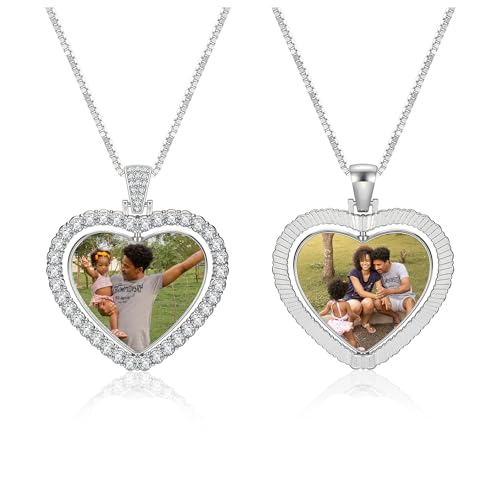 Zysta Personalisierte Damen Halskette mit Beidseitig Foto Gravur 360 Grad Drehbar Herz Anhänger mit Strass Charms Kette für Damen Mädchen Geschenk von Zysta