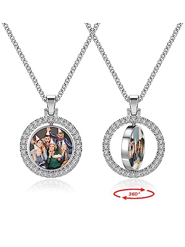 Zysta Personalisierte Damen Halskette mit Beidseitig Foto Gravur 360 Grad Drehbar Rund Anhänger mit Strass Charms Kette für Damen Mädchen Geschenk (Silber) von Zysta