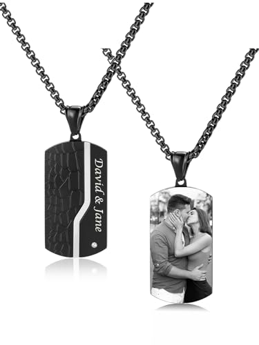 Zysta Personalisierte Kette mit Bild Dog Tag Fotoanhänger Halskette Foto Damen Herren Amulett für Geschenk (Schwarz&Silber) von Zysta