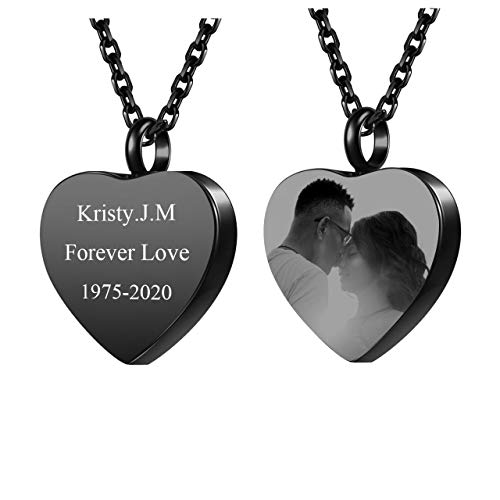 Zysta Personalized Fotogravur/Textgravur- Herz Urnen Asche Anhänger Edelstahl Halskette Memorial Schmuck für Männer Frauen + Trichter füllen Kit (Schwarz- Mit Foto & Text Gravur) von Zysta