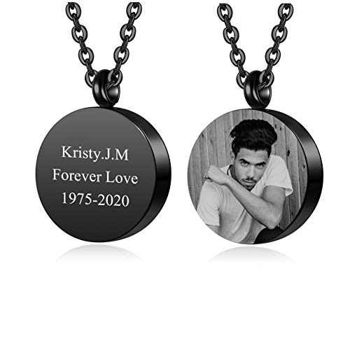 Zysta Personalized Fotogravur/Textgravur- Urnen Asche Anhänger aus Edelstahl Rund Halskette Memorial Schmuck für Männer Frauen + Trichter füllen Kit (Schwarz-Mit Foto&Text Gravur) von Zysta