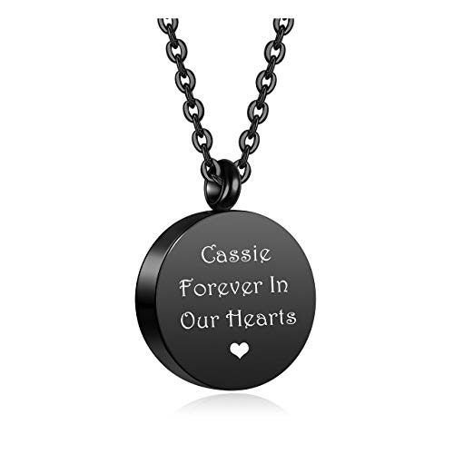 Zysta Personalized Fotogravur/Textgravur- Urnen Asche Anhänger aus Edelstahl Rund Halskette Memorial Schmuck für Männer Frauen + Trichter füllen Kit (Schwarz-Mit Text Gravur) von Zysta