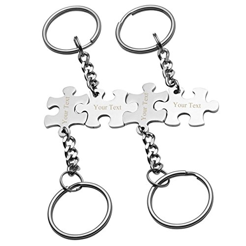 Zysta Personalized Gravur- 4 Stück Edelstahl Paar BFF Schmuck Set Partner Schlüsselanhänger mit Puzzle Anhänger Silber von Zysta