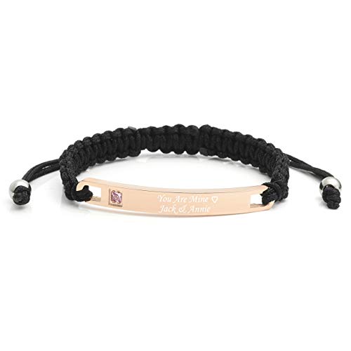 Zysta Personalized Gravur- Verstellbar Handgefertigtes Seil Geflochtene Armbänder ID Armband mit Zirkon Frauen Männer Armbänder für Pärchen Geschenke (rosegold- mit gravur) von Zysta