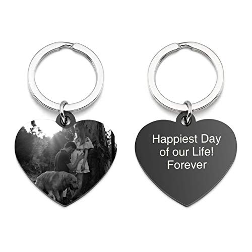 Zysta Personalized Text & Fotogravur - Edelstahl Herz Schlüsselanhänger mit gravur Erkennungsmarke ID Tag Gravurplatte Keychain Schlüsselbund für Personalisierte Geschenke (Mit Text & Foto Gravur) von Zysta