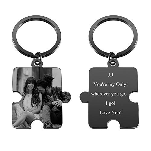 Zysta Personalized Text & Fotogravur - Edelstahl Puzzle Schlüsselanhänger mit Gravur Schwarz Gravurplatte Keychain Schlüsselbund für Personalisierte Geschenke von Zysta