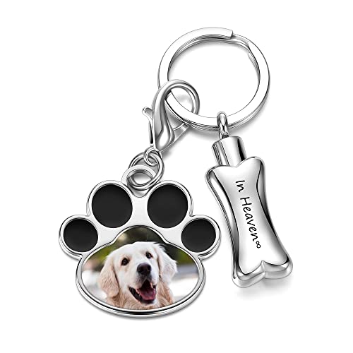 Zysta Personalized Text & Fotogravur Memorial Schlüsselanhänger mit Foto Hund Katze Asche Urnen Anhänger Keychain Andenken Erinnerung Schmuck für Damen Herren (Mit Knochen Anhänger) von Zysta