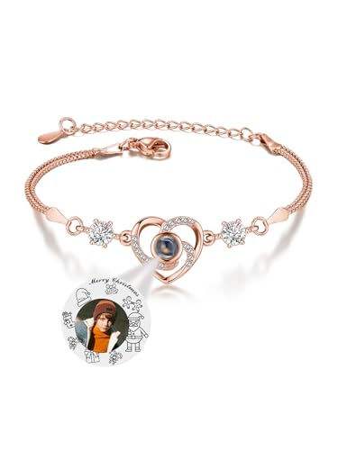 Zysta Projektion Armband Foto Personalisiert Armband mit Bild im Stein Herz Armkette 100 Sprachen Ich liebe dich Armband für Frauen Freundin (Rosegold - Farbfoto&Frohe Weihnachten) von Zysta