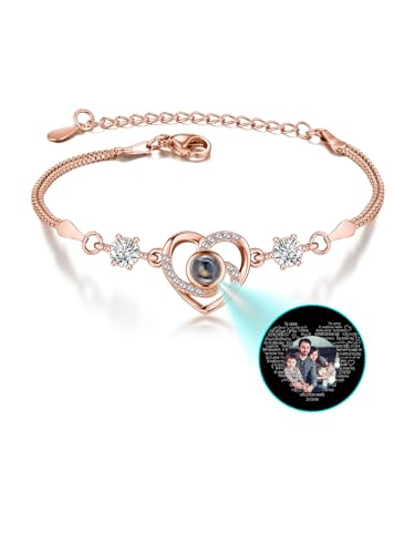 Zysta Projektion Armband Foto Personalisiert Armband mit Bild im Stein Herz Armkette 100 Sprachen Ich liebe dich Armband für Frauen Freundin (Rosegold - Herz Form 100 Sprachen Ich Liebe Dich & Foto) von Zysta