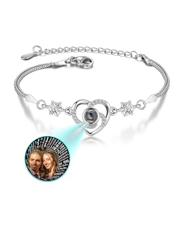Zysta Projektion Armband Foto Personalisiert Mit Bild im Stein Herz Armkette 100 Sprachen Ich Liebe Dich für Frauen Freundin (Silber) von Zysta