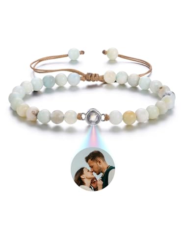 Zysta Projektion Armband Foto Personalisiert Perlen Armband 6mm Echte Steine Armbänder Verstellbar Kugelarmband für Damen Herren (Amazonit Steine) von Zysta