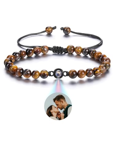 Zysta Projektion Armband Foto Personalisiert Perlen Armband 6mm Echte Steine Armbänder Verstellbar Kugelarmband für Damen Herren (Tigerauge) von Zysta