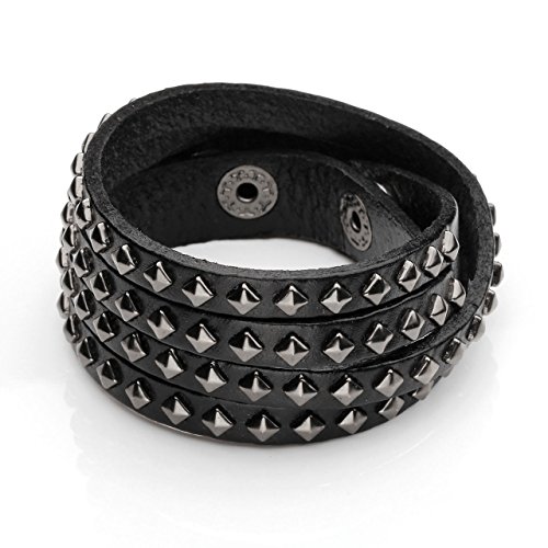 Zysta Schmuck Herren Damen Echtleder Armband Druckknopf Nieten Leder Armreif Verstellbaren Lederarmband Punk Biker Unisex Multi Layers Rivet Armreifen Schwarz+Geschenkbox von Zysta