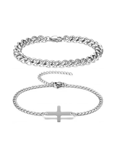 Zysta Silber Armband Herren 2 Stücke Edelstahl Armreif Männer Kreuz Armband Cuban Herrenarmband Schmuck Set für Geschenke von Zysta