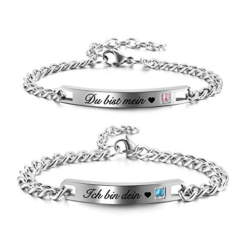 Zysta Verstellbar Pärchen Armband mit Gravur Zirkonia Paar Armbänder aus Edelstahl Geschenk für Damen Herren (Du bist mein, Ich bin dein) von Zysta