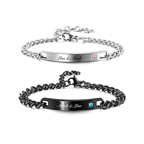 Zysta Verstellbar Pärchen Armband mit Gravur Zirkonia Paar Armbänder aus Edelstahl Geschenk für Damen Herren (Silber&Schwarz- mit gravur) von Zysta