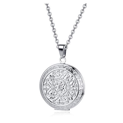 Zysta Vintage Charms Medaillon Kette für Foto Bilder, Silber Rund/Herz Anhänger zum Öffnen mit Blumen Muster Herzanhänger Amulett für Damen Mädchen (Lebensblume) von Zysta