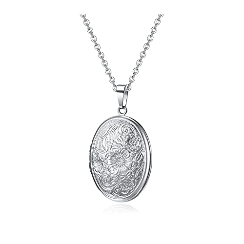 Zysta Vintage Charms Medaillon Kette für Foto Bilder, Silber Rund/Herz Anhänger zum Öffnen mit Blumen Muster Herzanhänger Amulett für Damen Mädchen (Oval Anhänger) von Zysta