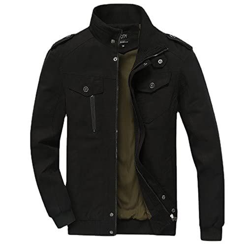 Zytyeu Casual Jacke Herren Einfarbig Trend Gutaussehend Übergangsjacke Herren Slim Fit Draussen Camping Langarm Jacke Herren Stehkragen Mehrere Taschen Arbeitsjacke Herren C-Black XXL von Zytyeu