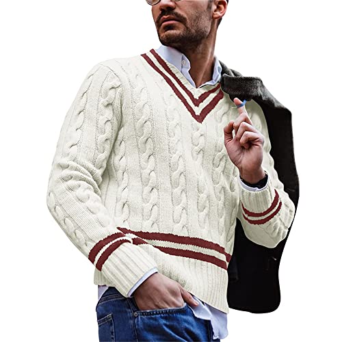 Zytyeu Sweater Herren Gestreift Farbabstimmung Casual Strickwaren Herren V-Ausschnitt Herbst Winter Knit Sweater Herren Mode Lose Einfachheit Pullover Herren A-White XXL von Zytyeu