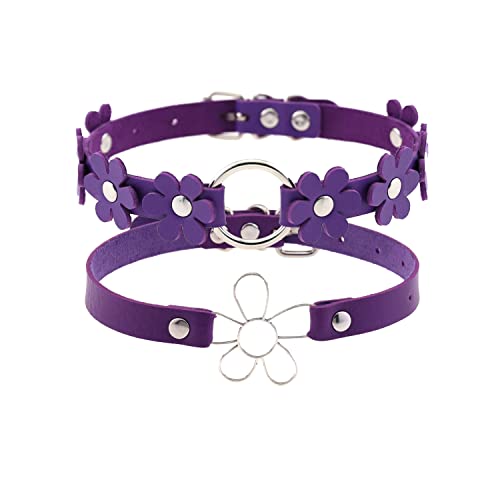 Zyuzles 2 x Blumen-Choker, PU-Leder, Gothic, Punk, runder Ring, Blumen-Halskette, Lederhalsband für Damen, Kunstleder, ohne Edelstein von Zyuzles