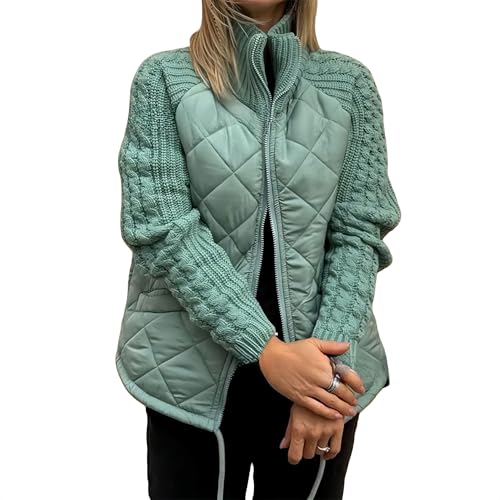 Zyzzephyr Patchwork-Pufferjacke aus Strick für Damen, Lässige, einfarbig gestrickte Patchworkjacke mit Reißverschluss, warmer Wintermantel mit Taschen (hellgrün,3XL) von Zyzzephyr