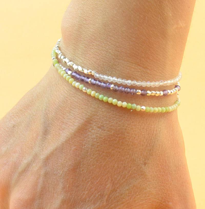 Dreifach Stränge Edelsteine Und Sterling Silber Perlen Armband/Halskette.zierliche Armband.wrap.amethyst, Mondstein, Grün Opal, Sterling von Zzaval