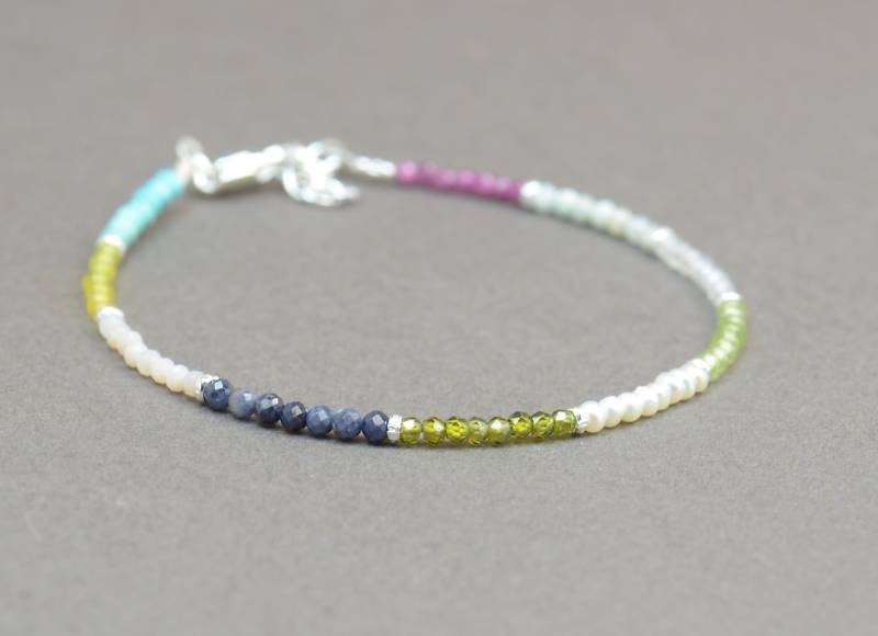 Edelsteine Und Sterling Silber Perlen Armband.edelsteine Armband.rubin Peridot Perle Saphir Opal Türkis Edelstein Armband von Zzaval