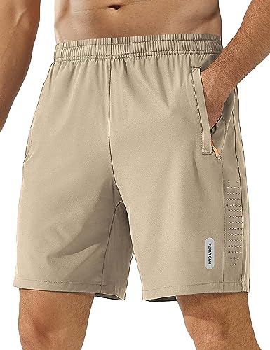 Zzkouine Herren Leichte Laufhose, Gymshorts, Trainingsshorts und Laufshorts mit Reißverschlusstaschen mit Reißverschlusstasche Leicht Activewear für Herren Badehose Trainingshose-Khaki-3XL von Zzkouine