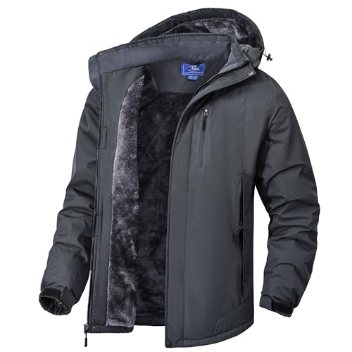 Zzkouine Herren Winter Fleecejacke Warme Gefüttert Skijacke Outdoor Winddicht Wasserdicht Jacke Atmungsaktiv Funktionsjacke mit Abtrennbarer Kapuze-Dark Grey-XL von Zzkouine