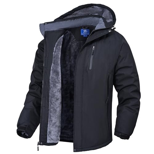 Zzkouine Herren Winter wasserdichte Fleecejacke - Wasserdichte Berg-Skijacke Winddichte Fleece Outdoor-Winterjacke mit Kapuze-Black-2XL von Zzkouine