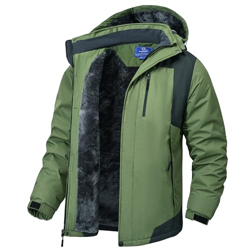 Zzkouine Winterjacke Herren Wasserdicht Warm Gefüttert Skijacke Verdickt Funktionsjacke mit Abnehmbarer Kapuze für Wandern Camping-Grass Green-3XL von Zzkouine