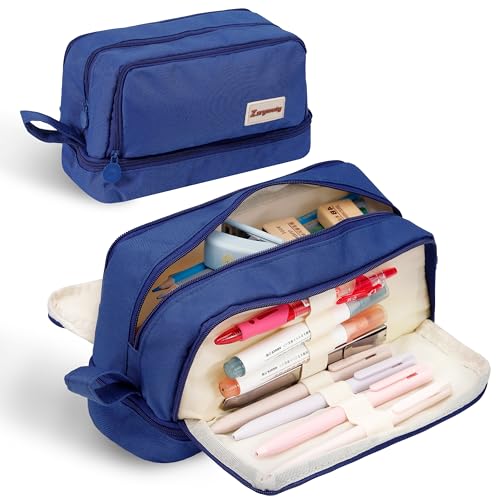 Zzrywuty Großes Federmäppchen mit Fächern, Reißverschluss-Federmäppchen für Mädchen, Kinder, Teenager, Erwachsene, Organizer, Federmäppchen mit Griff für die Schule (blau) von Zzrywuty