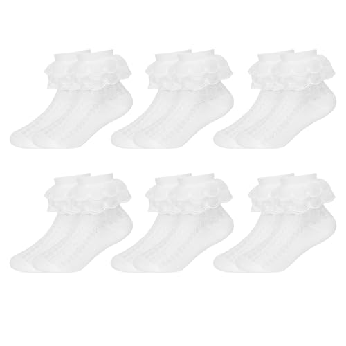 Zzxlw Mädchen Frilly Lace Socken Weiße Kleinkind Knöchel Baumwolle Schulkinder Ruffle Tanzsocken Perfekt für die Verkleidung Ballettpartys und tägliche Tragen 6 Paar L 6-8 Jahre von Zzxlw