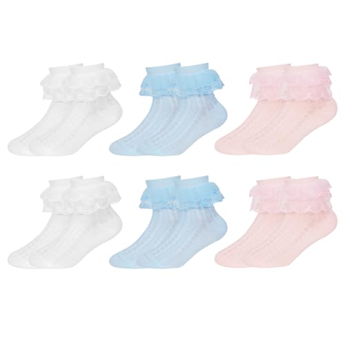 Zzxlw Mädchen Frilly Lace Socken Weiße Kleinkind Knöchel Baumwolle Schulkinder Ruffle Tanzsocken Perfekt für die Verkleidung Ballettpartys und tägliche Tragen 6 Paar XL 9-12 Jahre von Zzxlw