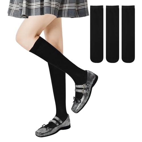 Zzxlw Mädchen Kniestrümpfe Kinder 3 Paar Schwarz Weiß Baumwolle M Reine Farbe Weiche Padded Schule Fußball Strümpfe 4-8 Jahre 34cm von Zzxlw