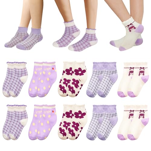 Zzxlw Mädchen Socken Kinder Mittelstrümpfe 10 Paar Schulsocken S Atmung Schwitzen Violett Weiß Süße Cartoon Bunte Kindersocken 23-26 Strümpfe geeignet für Prinzessin Roll-up-Strümpfe 3-5 Jahre von Zzxlw