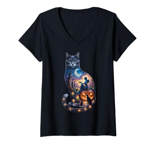 Damen Eine stilisierte Frau sitzt auf einem geschnitzten Kürbis T-Shirt mit V-Ausschnitt Damen Eine stilisierte Frau sitzt auf einem geschnitzten Kürbis T-Shirt mit V-Ausschnitt von a cat, a mystical, Halloween inspired forest scene